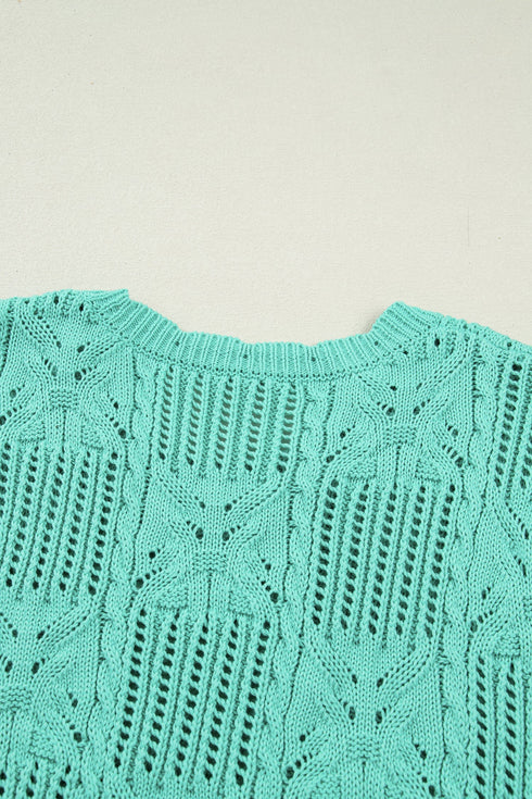 Pointelle Knit Patterned Scalloped Trim Short Sleeve Sweater
