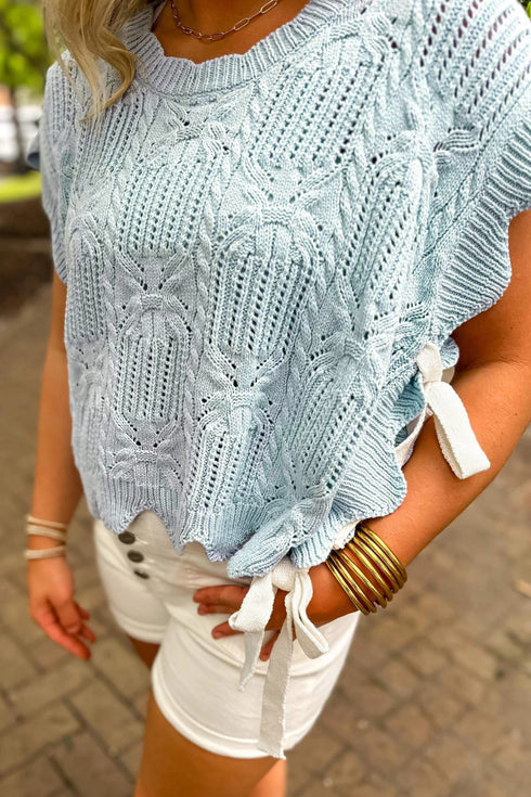 Pointelle Knit Patterned Scalloped Trim Short Sleeve Sweater
