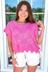 Pointelle Knit Patterned Scalloped Trim Short Sleeve Sweater
