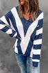 Pointelle Knit Striped Long Sleeve V Neck Sweater