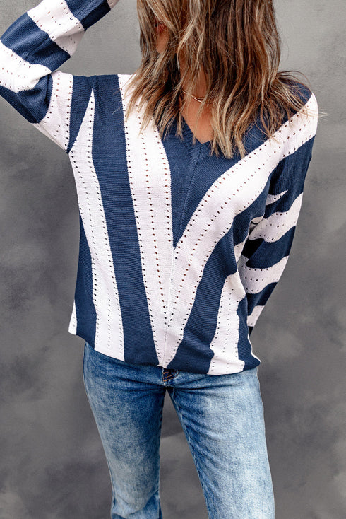 Pointelle Knit Striped Long Sleeve V Neck Sweater