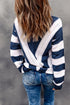 Pointelle Knit Striped Long Sleeve V Neck Sweater