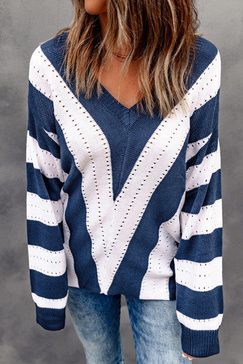 Pointelle Knit Striped Long Sleeve V Neck Sweater