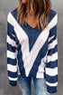 Pointelle Knit Striped Long Sleeve V Neck Sweater