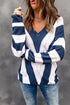 Pointelle Knit Striped Long Sleeve V Neck Sweater