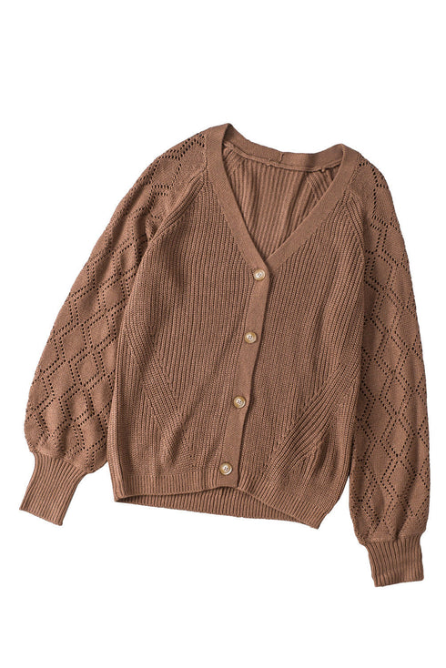 Pointelle Sleeve Ribbed V Neck Button Front Cardigan