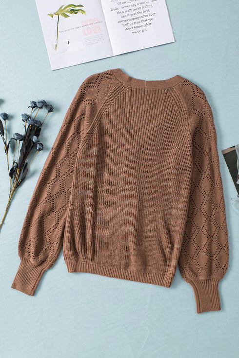 Pointelle Sleeve Ribbed V Neck Button Front Cardigan