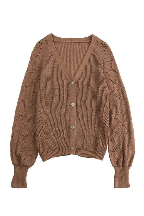 Pointelle Sleeve Ribbed V Neck Button Front Cardigan