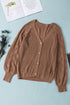 Pointelle Sleeve Ribbed V Neck Button Front Cardigan