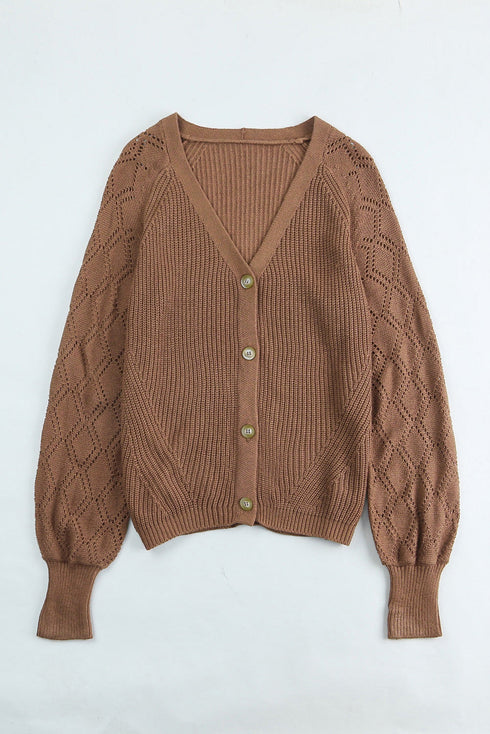 Pointelle Sleeve Ribbed V Neck Button Front Cardigan