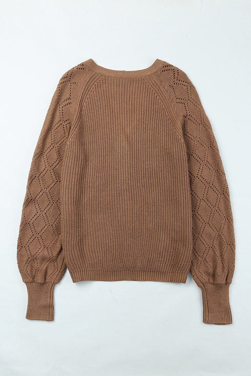 Pointelle Sleeve Ribbed V Neck Button Front Cardigan
