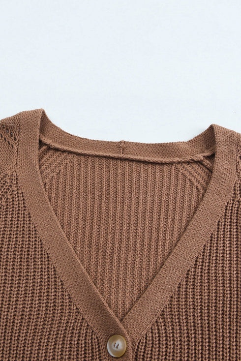 Pointelle Sleeve Ribbed V Neck Button Front Cardigan