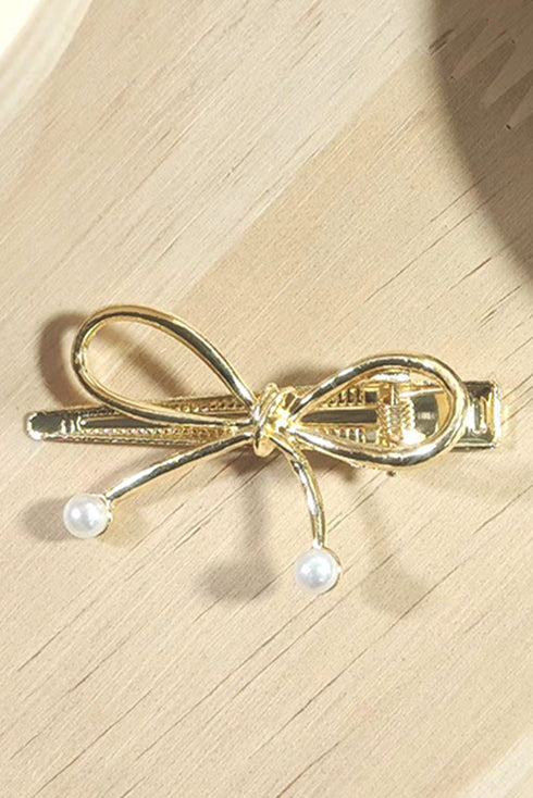 Polished Metal Bow Knot Pearl Accent Hair Clip