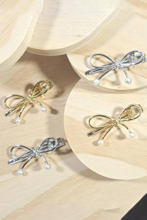 Polished Metal Bow Knot Pearl Accent Hair Clip