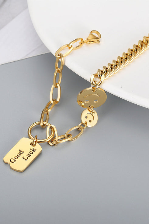 Polished Metal Smile Face Charm Adjustable Chain Bracelet