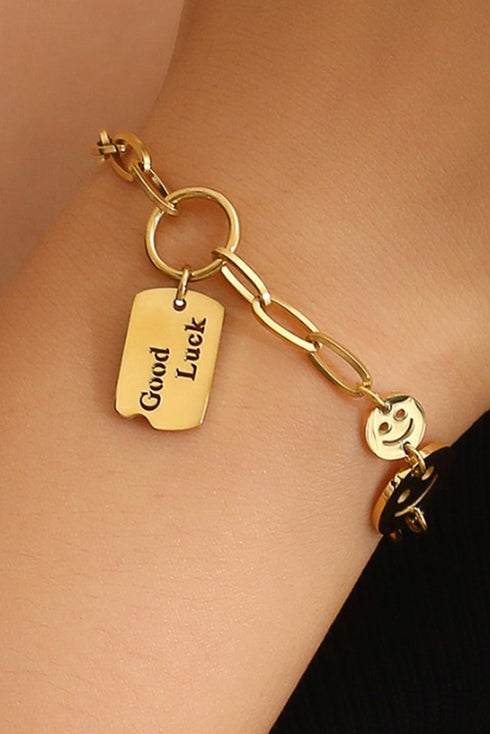 Polished Metal Smile Face Charm Adjustable Chain Bracelet