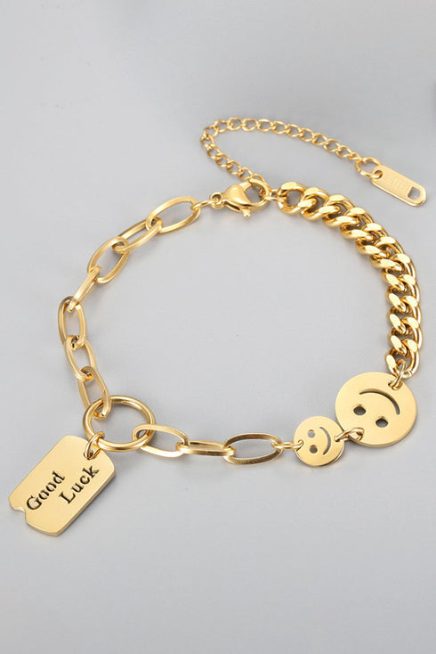 Polished Metal Smile Face Charm Adjustable Chain Bracelet