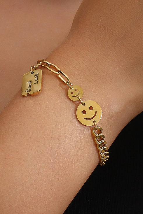 Polished Metal Smile Face Charm Adjustable Chain Bracelet
