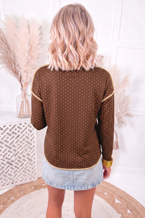 Polka Dot Border Trim Shift Long Sleeve Pullover Top