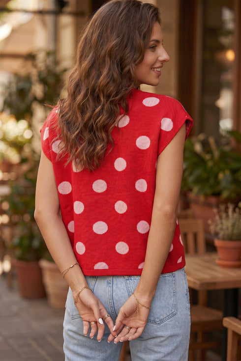 Polka Dot Button Detail Drop Shoulder Knit Sweater Vest
