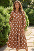 Polka Dot Button Front Long Sleeve Shift Midi Dress