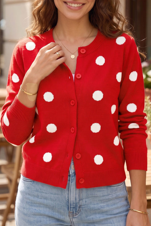 Polka Dot Button Front Long Sleeve Sweater Cardigan