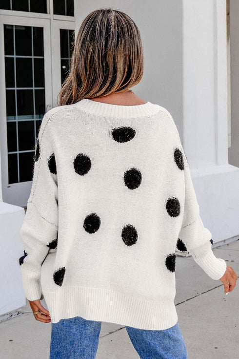 Polka Dot Button Front Oversized V Neck Cardigan