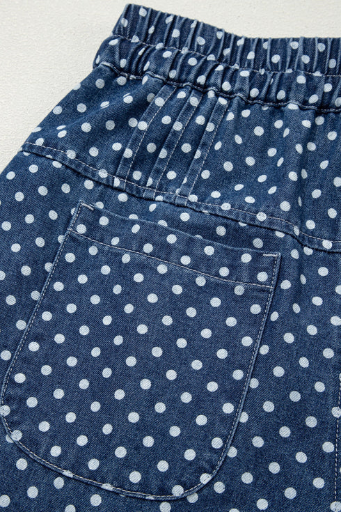 Polka Dot Button Pleated Detail Wide Leg Denim Jeans