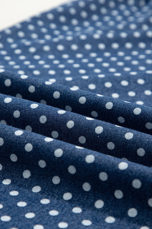 Polka Dot Button Pleated Detail Wide Leg Denim Jeans