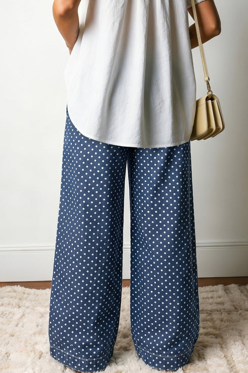 Polka Dot Button Pleated Detail Wide Leg Denim Jeans