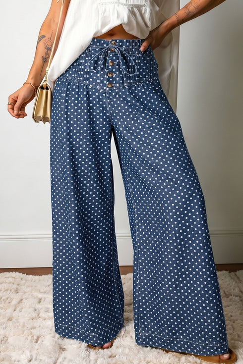 Polka Dot Button Pleated Detail Wide Leg Denim Jeans