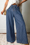Polka Dot Button Pleated Detail Wide Leg Denim Jeans