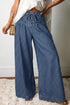Polka Dot Button Pleated Detail Wide Leg Denim Jeans