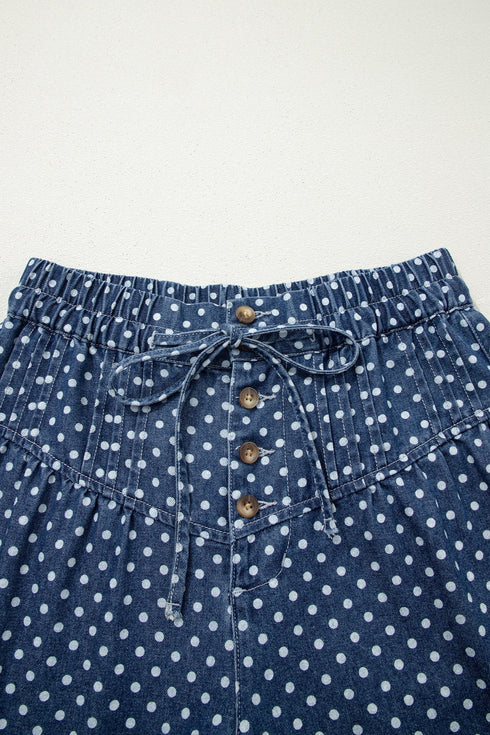 Polka Dot Button Pleated Detail Wide Leg Denim Jeans