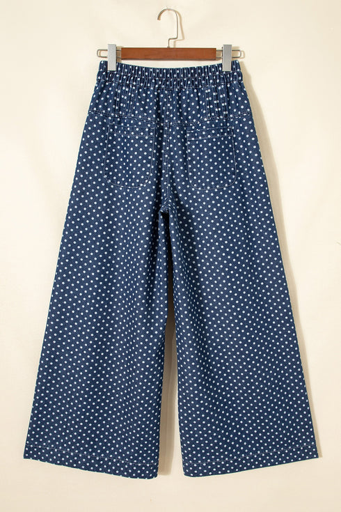 Polka Dot Button Pleated Detail Wide Leg Denim Jeans