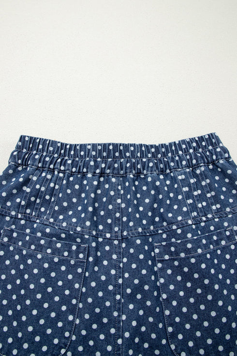 Polka Dot Button Pleated Detail Wide Leg Denim Jeans
