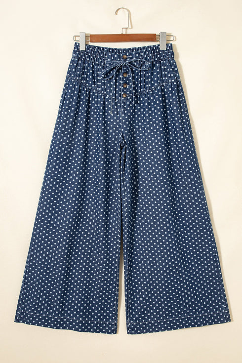 Polka Dot Button Pleated Detail Wide Leg Denim Jeans