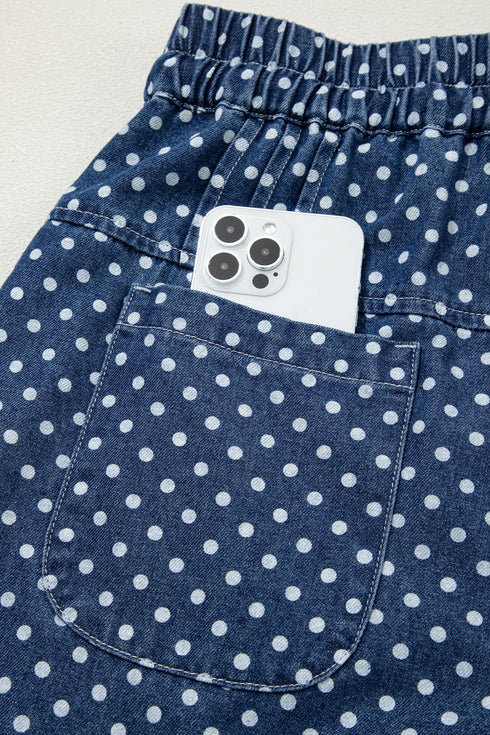 Polka Dot Button Pleated Detail Wide Leg Denim Jeans