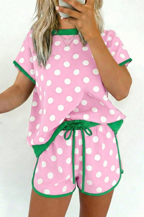 Polka Dot Contrast Trim Casual Short Set