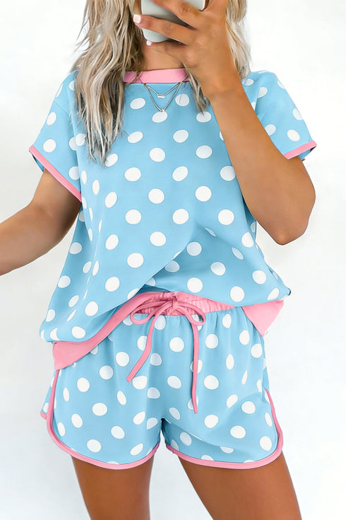 Polka Dot Contrast Trim Casual Short Set