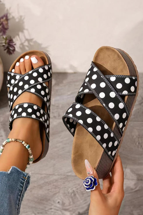 Polka Dot Cross Band Soft Platform Slip On Slippers