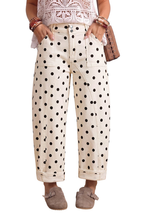 Polka Dot Curved Seam Ankle Barrel Leg Denim Jeans