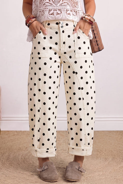 Polka Dot Curved Seam Ankle Barrel Leg Denim Jeans