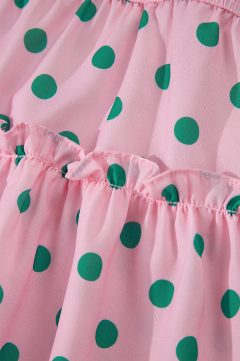 Polka Dot Drawstring Tiered Ruffle Sleeve Babydoll Blouse