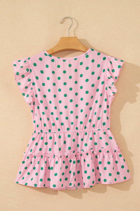 Polka Dot Drawstring Tiered Ruffle Sleeve Babydoll Blouse
