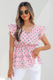 Polka Dot Drawstring Tiered Ruffle Sleeve Babydoll Blouse