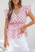 Polka Dot Drawstring Tiered Ruffle Sleeve Babydoll Blouse