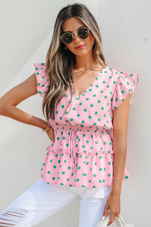Polka Dot Drawstring Tiered Ruffle Sleeve Babydoll Blouse
