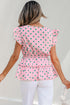 Polka Dot Drawstring Tiered Ruffle Sleeve Babydoll Blouse