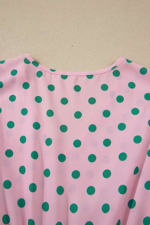 Polka Dot Drawstring Tiered Ruffle Sleeve Babydoll Blouse